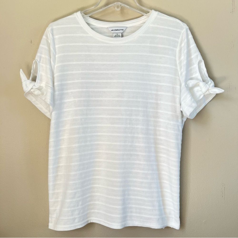 Liz Claiborne Crisp White Cotton Tie Sleeve Ribbed Blouse Top Size Large - Picture 2 of 14
